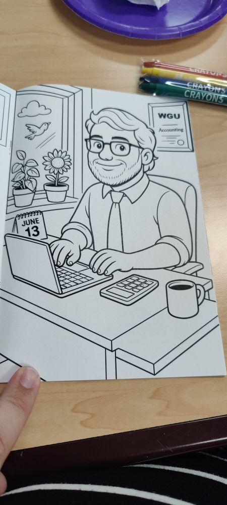 Printed, AI generated artwork of a man at a desk on a laptop.