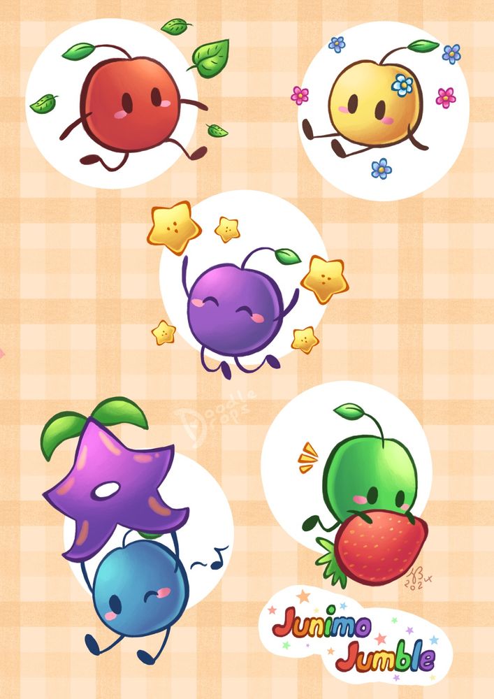 Digital illustration of different coloured Junimo from Stardew Valley. The red one is chasing leaves, the yellow one is sat surrounded by flowers, the purple one is jumping and surrounded by starfruit, the blue one is holding a stardrop and the green one is holding a strawberry. The words 'Junimo Jumble' are in the bottom right.