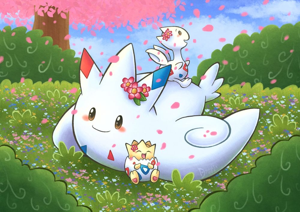 Digital illustration of a Togekiss which is sat in a flowery garden. There is a Togepi sat by it and a Togetic sat on it's back. All three are wearing flower decorations. There is a tree with pink leaves in the background. The pink leaves are showering down on the Pokémon.