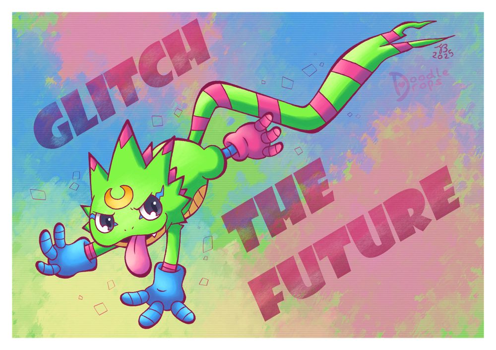 Digital illustration of Gekkomon from Digimon Beatbreak. He is leaping forward with a mischievous smile on his face. The background is a mix of Gekkomon's colours and there is large writing that reads: 'GLITCH THE FUTURE' 