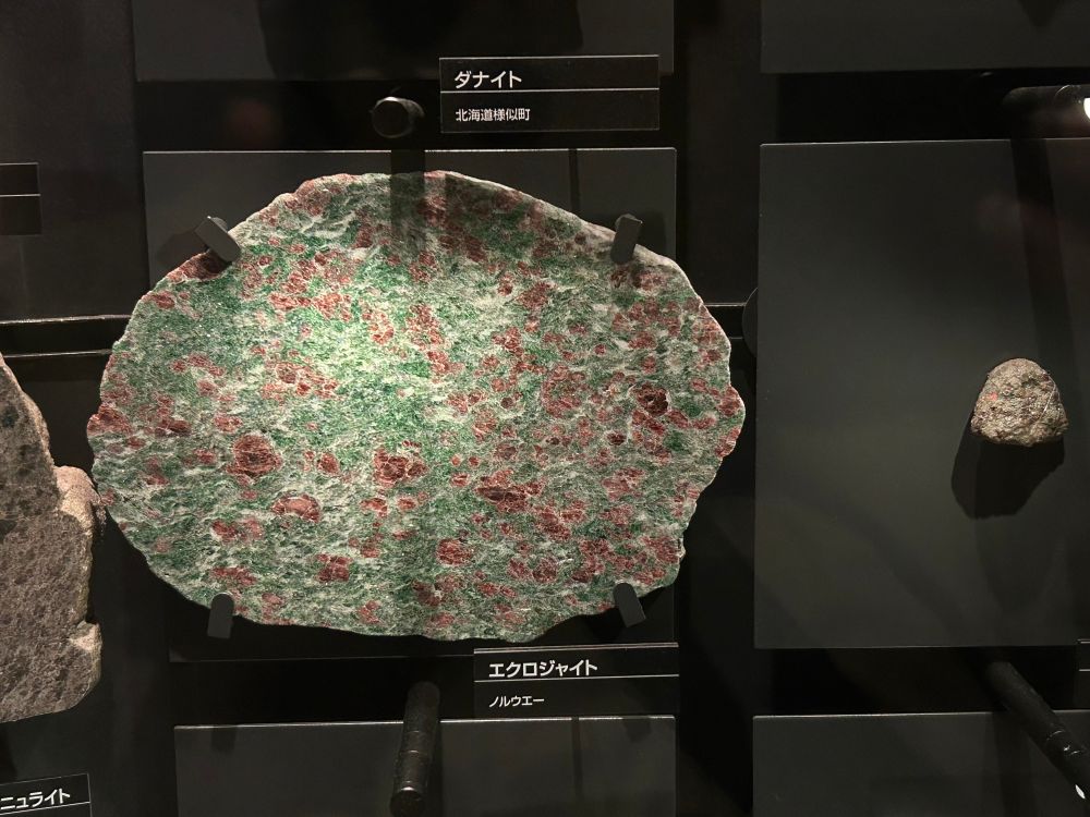 エクロジャイト（ノルウェー）と書かれた石。ネギがたくさん入ったお好み焼きのような柄をしている。