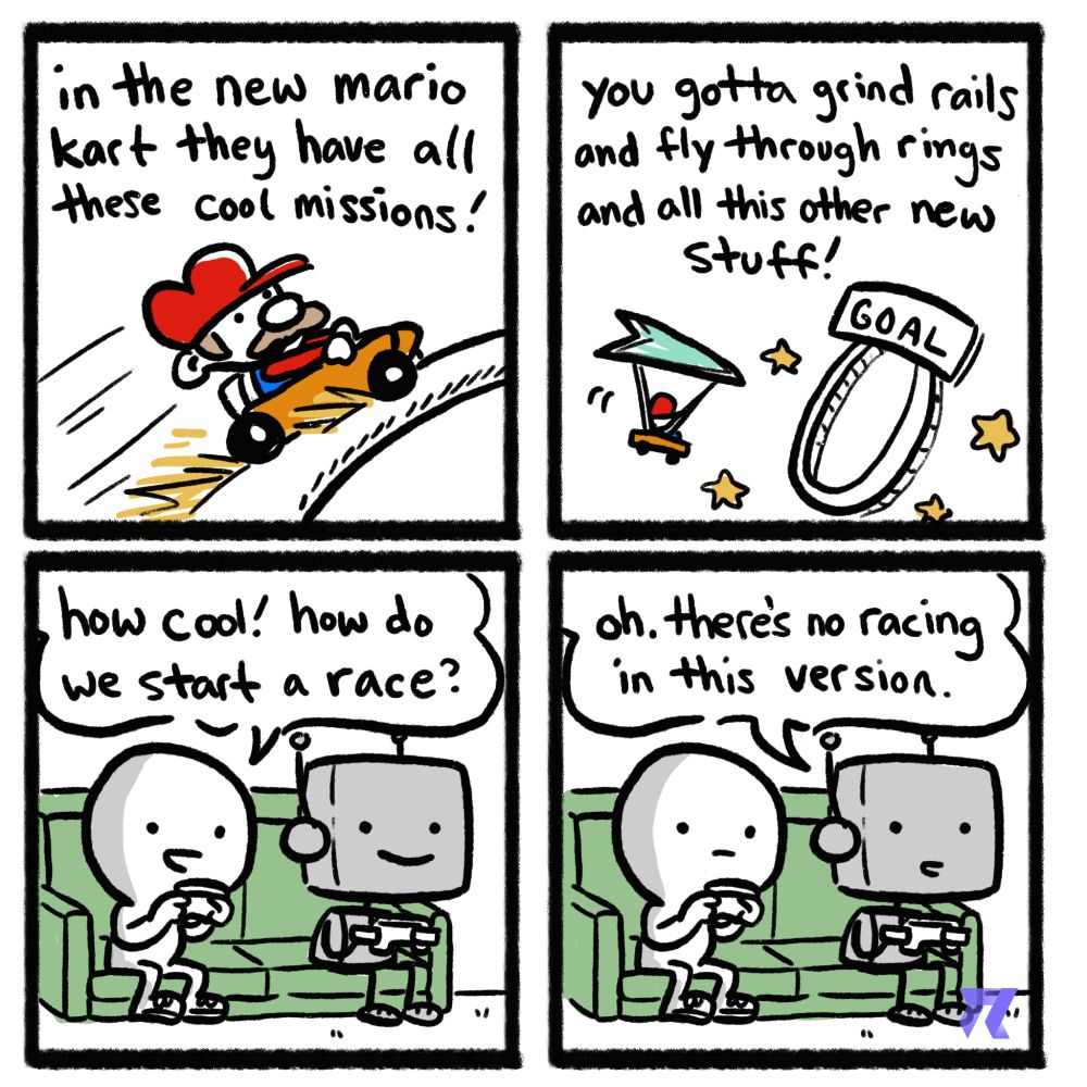 a comic poking fun at Mario Kart World. All of these cool things ot do in the open world but there's no racing (which is false) 