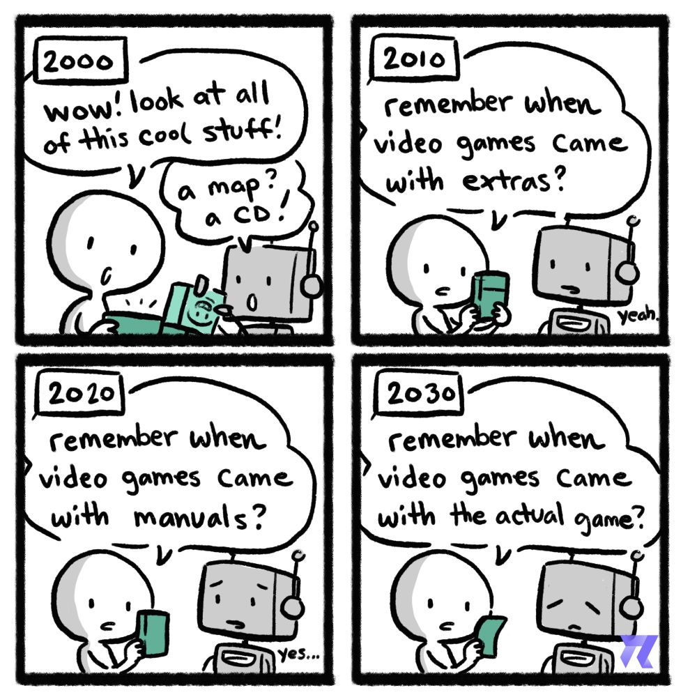 A four panel comic depicting how video game boxes used to come with manuals, extra goodies, and more. 