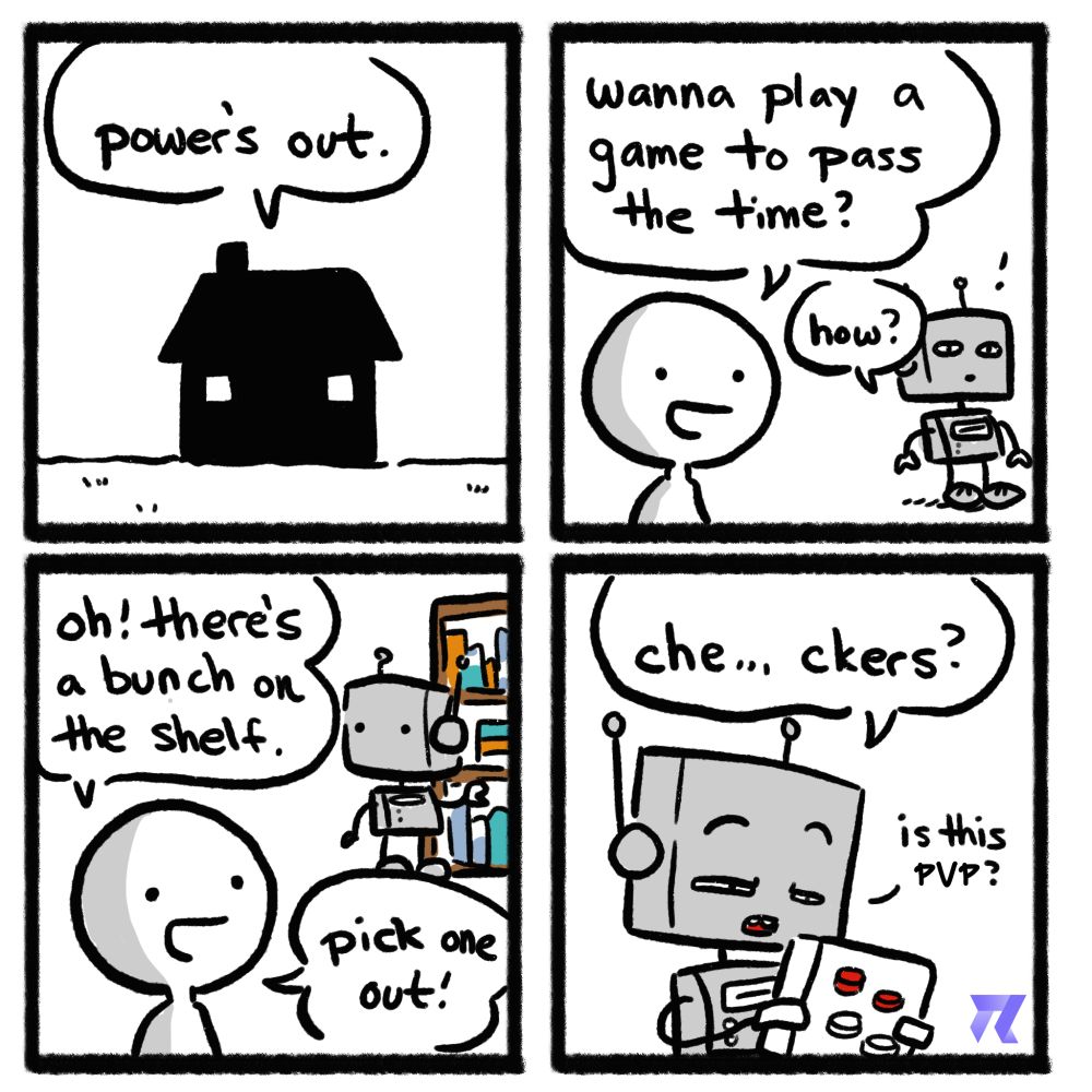 A four panel comic about playing checkers when the power is out. Once character asks if it's PvP. 