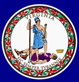 Virginia state seal showing a standing allegorical female figure of virtue shown having vanquished tyranny, symbolized by a fallen king at her feet. She has an exposed breast in the manner of classical depictions of Amazons.