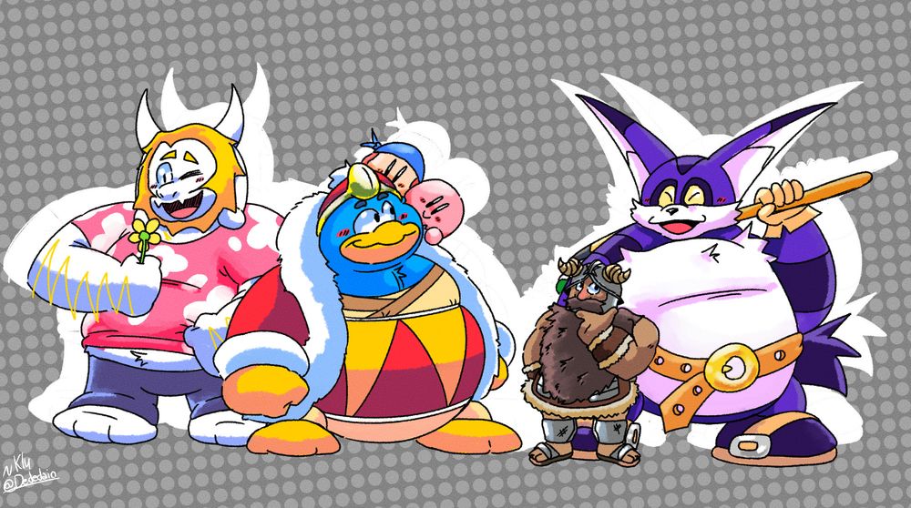 The drawing portrays Asgore, King Dedede (with Kirby and Bandana Waddle Dee on his shoulder), Senshi and Big the Cat standing together in a group shot