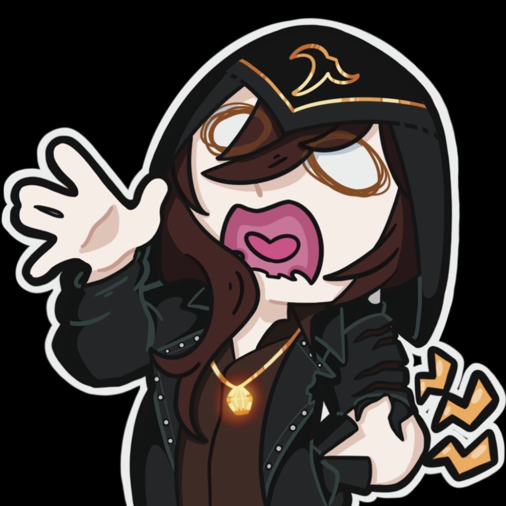 DreadistVT is a pale male figure with medium shaggy dark red brown hair and light brown eyes. Dread’s outfit consists of a brown shirt, hanging over it is his necklace with a small lantern charm glowing with a warm yellow hue, over this attire is his leather coat decorated by metal studs, its right side in pristine condition, while its left faded, burnt, ripped, with the arm torn off. His skin revealed between the torn remains of the coat's arm making it stand out against the dark color of his leather glove, only wore on his left hand. A black hood frames his head, his "r" symbol stitched into its fabric with golden thread. It covers most of his brown hair, except for a long strand on the right, reaching down onto his chest. Dread’s face is in a screaming pain, eyes now in scribbled ovals to exaggerate the pain in the lower  back. Dread’s gloved hand is pushing on the lower back, causing his chest to be puffed out, and has three yellow/orange lightning bolts to further exaggerate the pain on display; meanwhile Dread’s other hand reaches out, open palm to the viewer, for help.