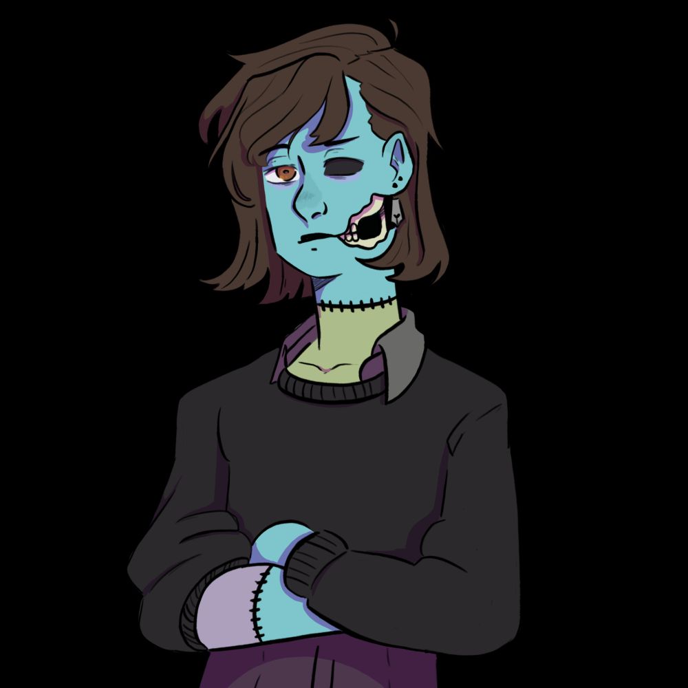 Link's very first vtuber design, a zombified Frankenstein type. Link has blue, green, and purple body parts, a partly decayed face, and missing one eye. Link has shaggy darker brown hair and a honey brown eye. They wear a Grey button up, a black sweater over it, and purple pants.