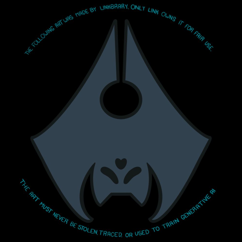A logo design by Linkbrary, it is of a bat hanging upside-down with the top looking like a pen nib. It features small text, written by Link, over and under the design. It reads: "The following art was made by Linkbrary. Only Link owns it for fair use. The art must never be stolen, traced, or used to train generative AI"