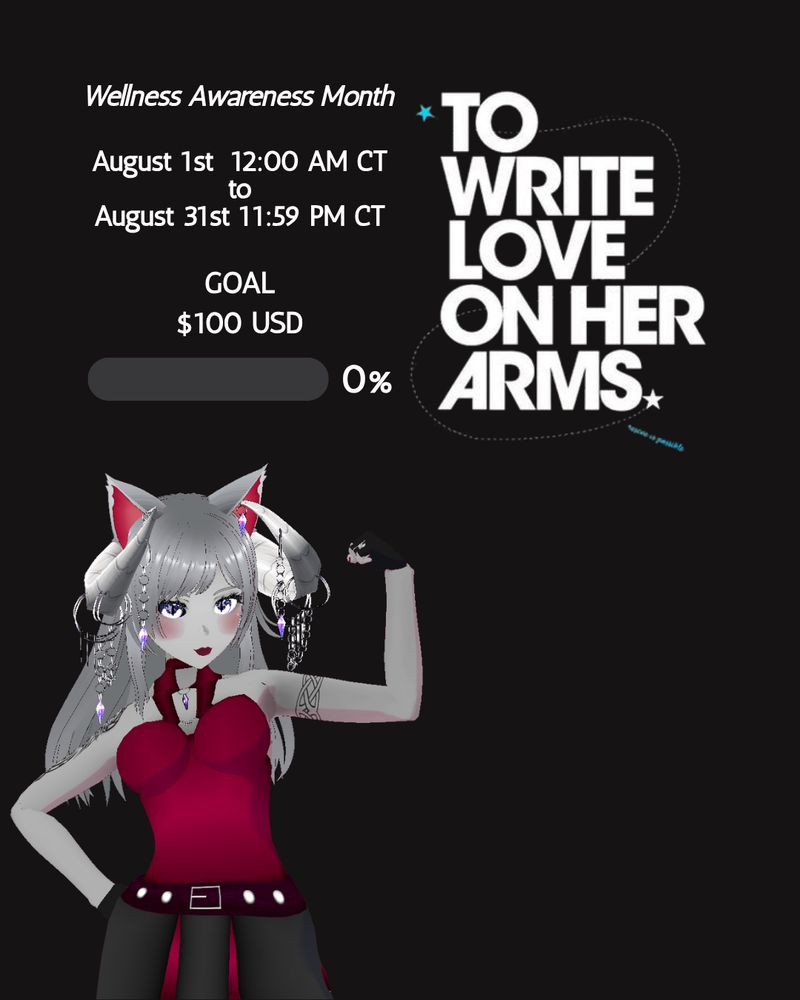 A character in a red outfit poses confidently against a dark background, promoting Wellness Awareness Month with a fundraising goal.