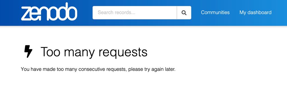 Zenodo page saying "Too many requests, please try again later"