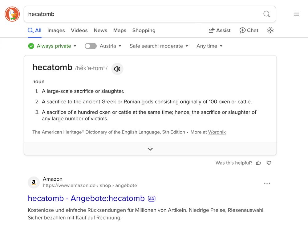 A DuckDuckGo query for the word ‘hecatomb’ and its definition, followed by a link for Amazon offers for hecatombs