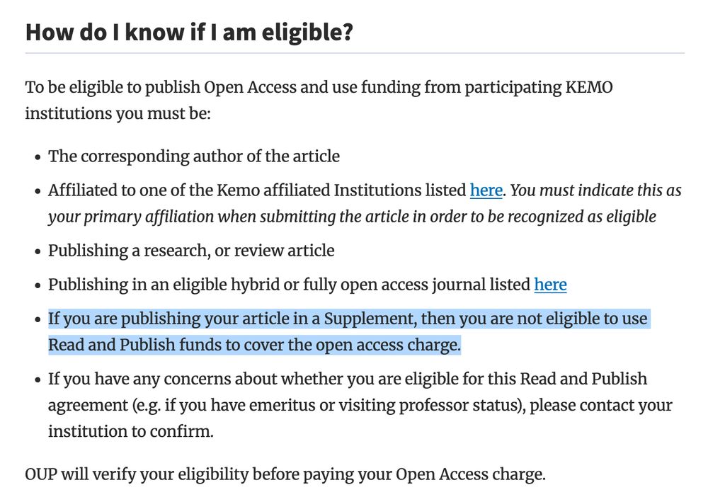 Eligibility criteria for Austrian open access agreement with OUP. The offending passage reads: "If you are publishing your article in a Supplement, then you are not eligible to use Read and Publish funds to cover the open access charge."