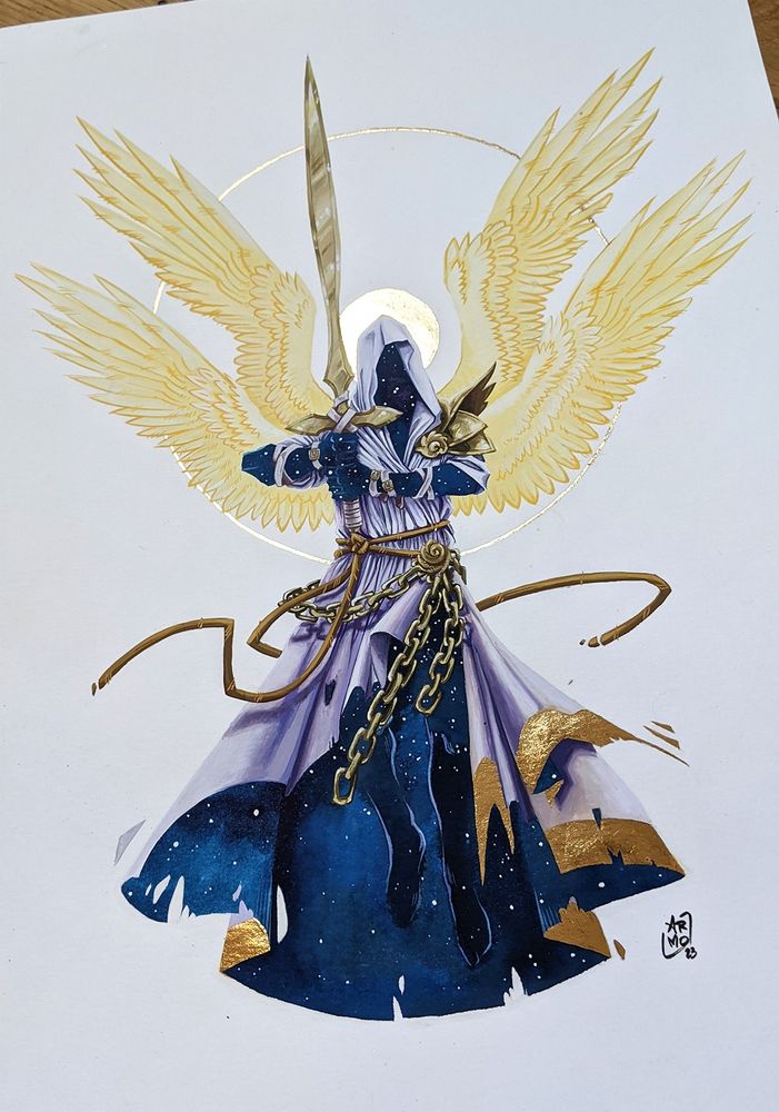 Un ange guerrier tenant une épée. Gouache et feuille d'or. 