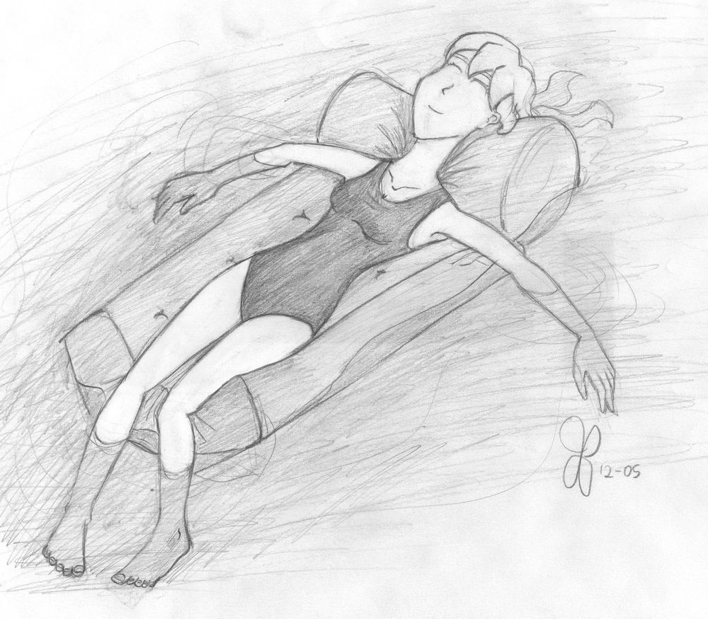 a pencil illustration of Natasha Winter in a swimsuit lying peacefully on a pool float in the water with her eyes closed. 