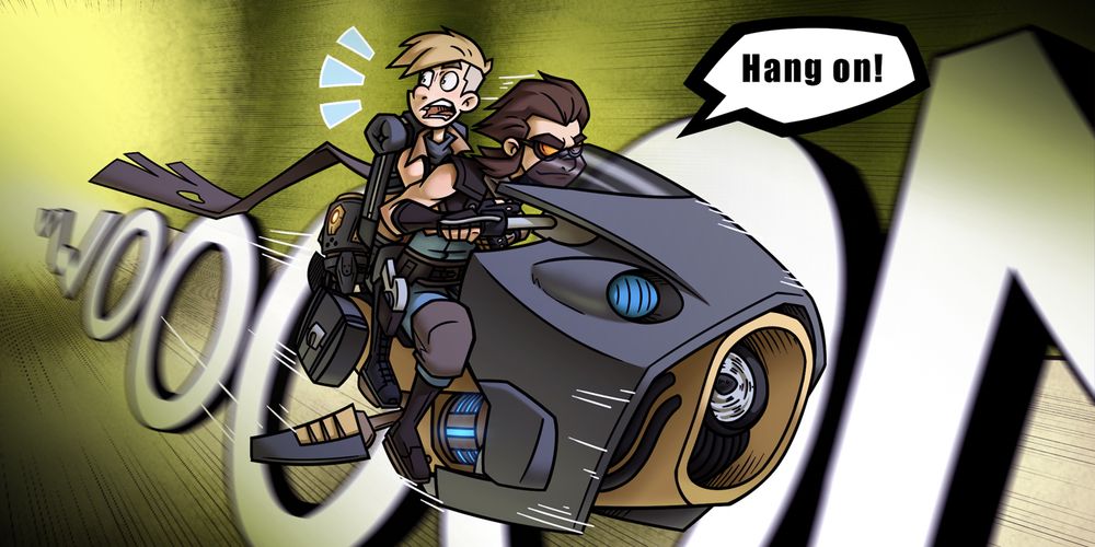 Two young adults, one a blonde haired man and the other a brown haired woman, ride atop a floating motorcycle.

The woman shouts: "Hang on!" as the zoom across the image.