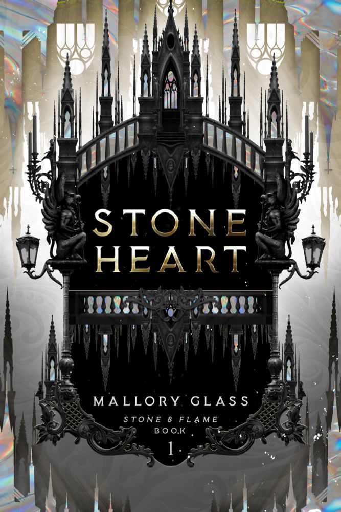 Ad for Stone Heart by Mallory Glass. Has the book cover, with the following words around it: NSFW, Dual POV, unexpected magic, gargoyle romance, spicy fun. Available Now. (says swipe for details but ignore that. Details at https://books2read.com/Mallory-Glass or https://slothandenvy.com/?page_id=138 
Book cover is black gothic mansion with lanterns & 2 gargoyles, gray and white prismatic surrounding it.
