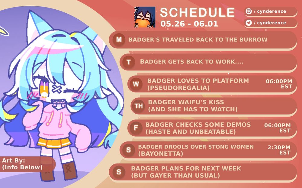 An Stream Schule graphic with Streams for Wednesday May 28th with Pseudoregalia at 6:00pm, Friday May 30th with Haste Demo and Unbeatable Demo at 6:00pm, and Saturday May 31st with Bayonetta at 2:30pm.