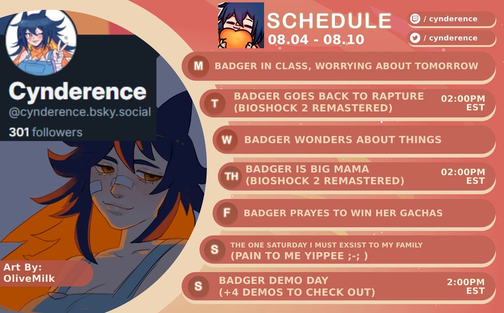 An Stream Schule graphic with Streams for Tuesday with Bioshock 2 (Remastered) at 2:00pm EST, Thursday with Bioshock 2 (Remastered) at 2:00pm EST, and Sunday with Demo-Day at 2:00pm EST.
