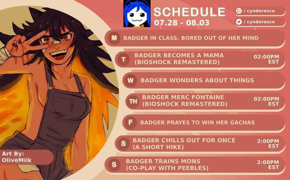 An Stream Schule graphic with Streams for Tuesday with Bioshock (Remastered) at 2:00pm EST, Thursday with Finishing Bioshock at 2:00pm EST, and Saturday with A Short Hike at 2:00pm EST, and Sunday with Co-Play Pokémon FireRed/LeafGreen with Peebles at 1:00pm EST.