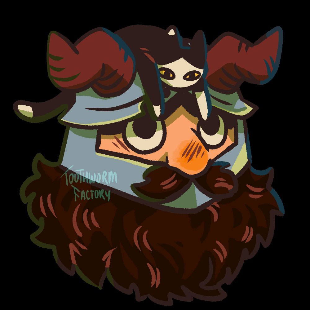 Drawing of Izutsumi and Senshi from Dungeon Meshi, with a small Izutsumi resting on the top of Senshi's helmet.