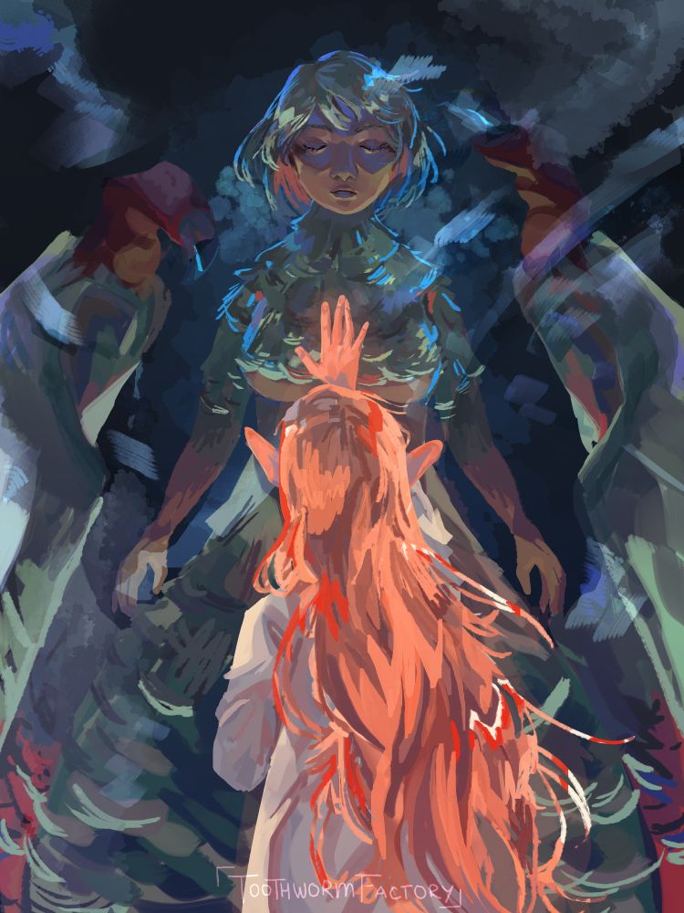 Digital art of Marcille from Dungeon Meshi reaching out to Falin preseved in ice in her dragon chimera form.