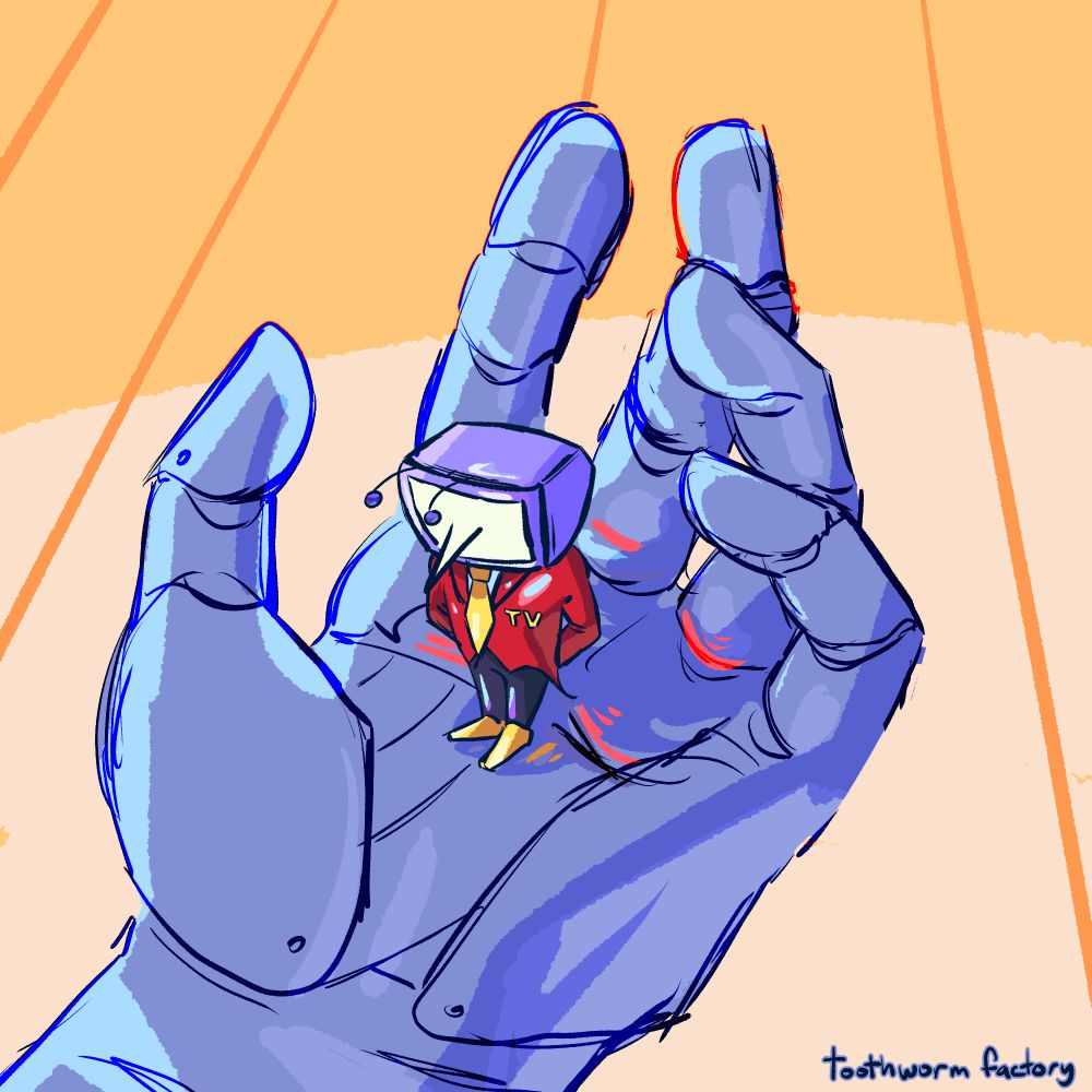 Tenna from Deltarune standing sadly in Kris' hand. 