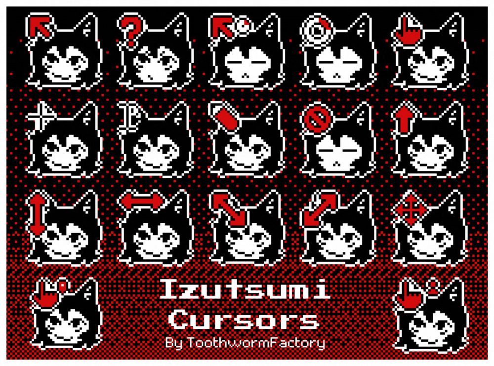 Graphic showing 17 cursors with Izutsumi from Dungeon Meshi. Text reads "Izutsumi Cursors By ToothwormFactory".