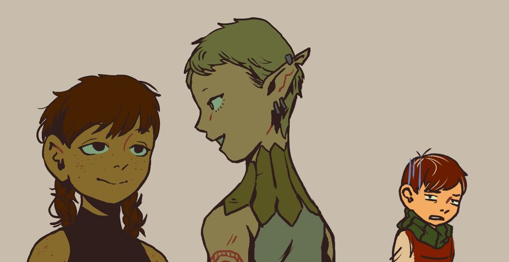 Digital art of Mayjack, Otta, and Chilchuck from Dungeon Meshi. Mayjack and Otta are talking in the foreground while Chilchuck looks on in mild horror.