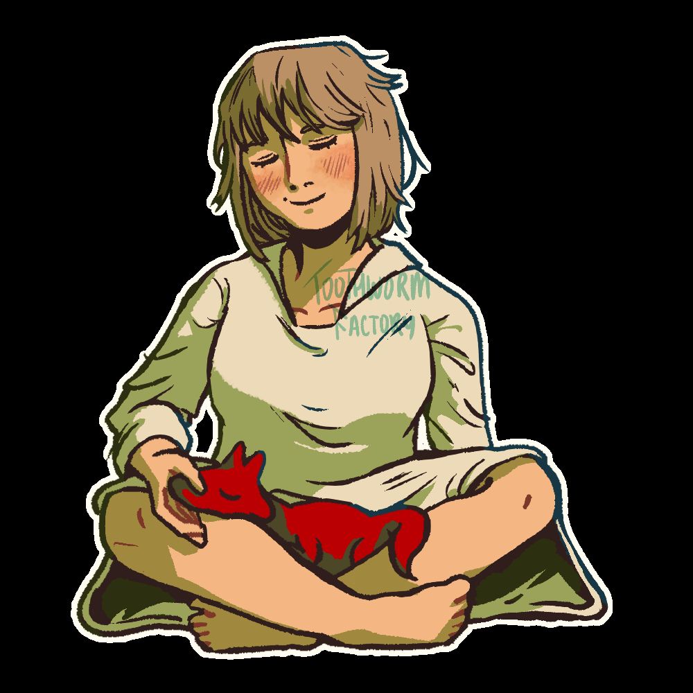 Art of Falin Touden from Dungeon Meshi sitting cross legged holding the face of the red dragon's soul as it sits in her lap.
