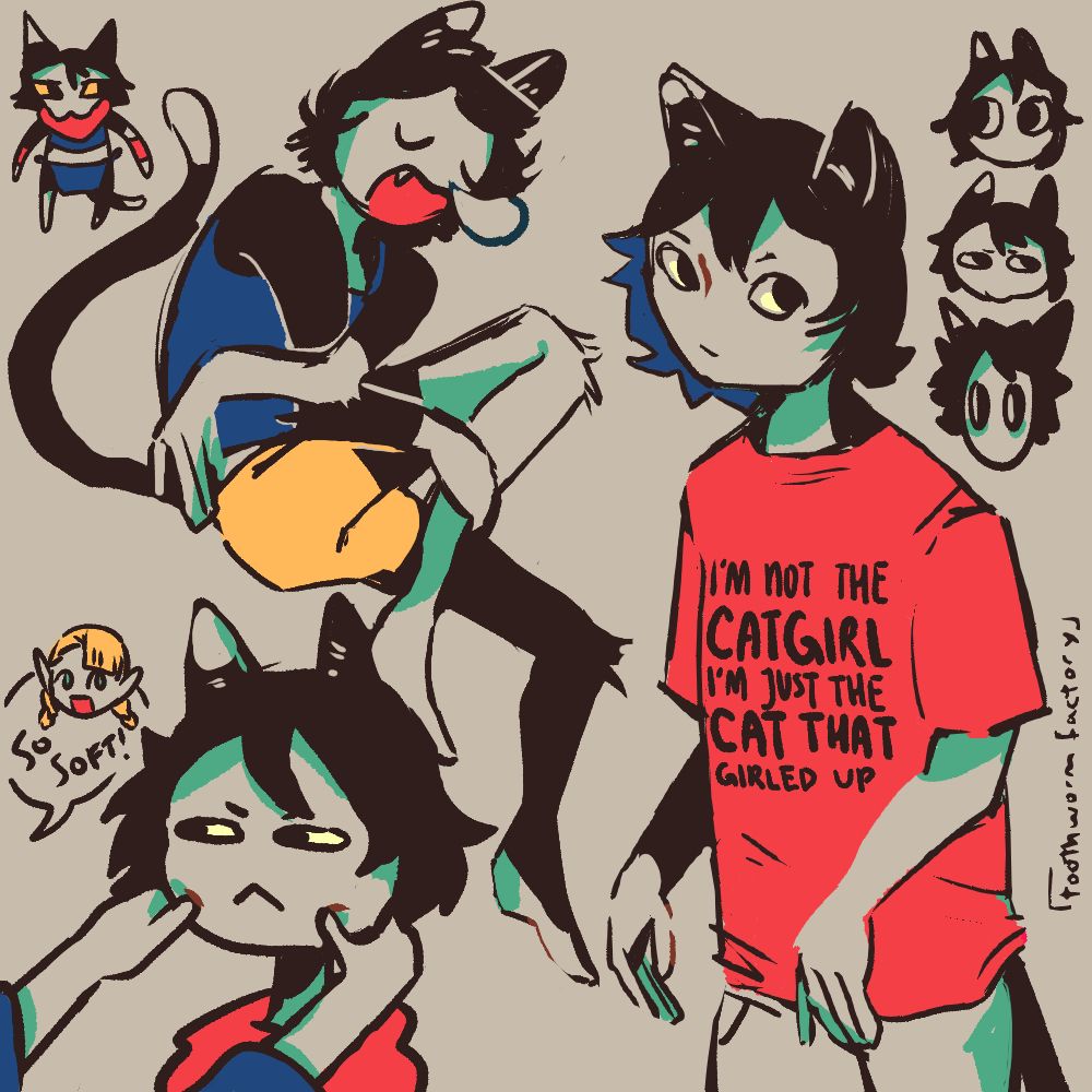 Various drawings of Izutsumi from Dungeon Meshi. Clockwise from the top left corner, there is a chibi-like full-body with angular features, Izutsumi sleeping soundly in a cramped position, Izutsumi wearing a shirt reading "I'm not the catgirl I'm just the cat that girled up", three small Izutsumi faces lined up vertically, and Izutsumi having her face squished by Marcille, who says "so soft!"