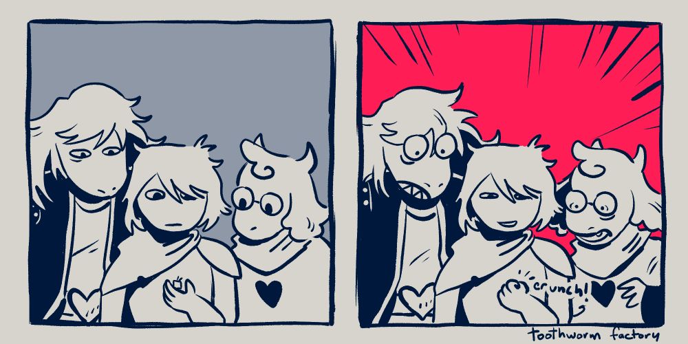 Two panel comic. In the first panel, Susie and Ralsei from Deltarune are standing around Kris. They are all staring at the small Tenna in Kris' hand with blank expressions. In the second panel, Kris crushes Tenna with a crunch sound as Susie and Ralsei react in horror.