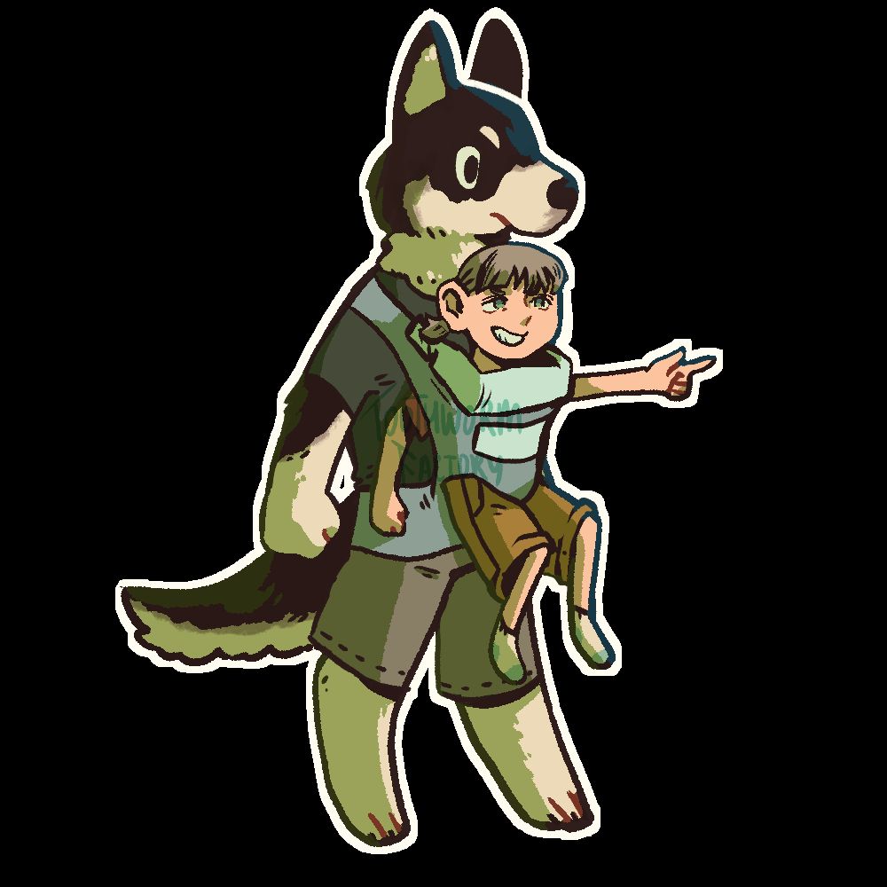 Art of Kuro and Mickbell Tomas from Dungeon Meshi. Mickbell is sitting in a baby carrier strapped to Kuro's chest and he is pointing excitedly. Kuro is standing straight up and looking attentively in the same direction.