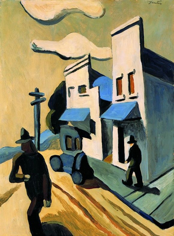 A modern art styled painting from 1927, 2 figures with hats look wealthy and single car in the picture shows wealth in 1927, both buildings arer stucco and look like santa fe