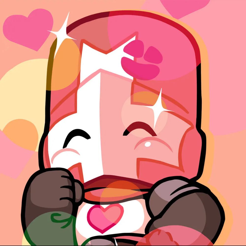 pink knight’s (from castle crashers) official updated portrait: a drawing of a happy knight wearing pink and gray armor with a smooch mark on their helmet and hearts and sparkles floating around the picture. 