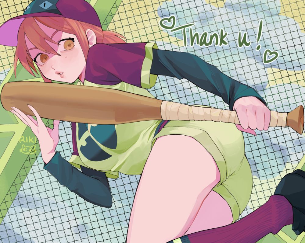 drawing of Haruhara Haruko from FLCL in her baseball uniform, posing with a wooden bat in front of backstop netting and a yellow sky with steam/clouds.