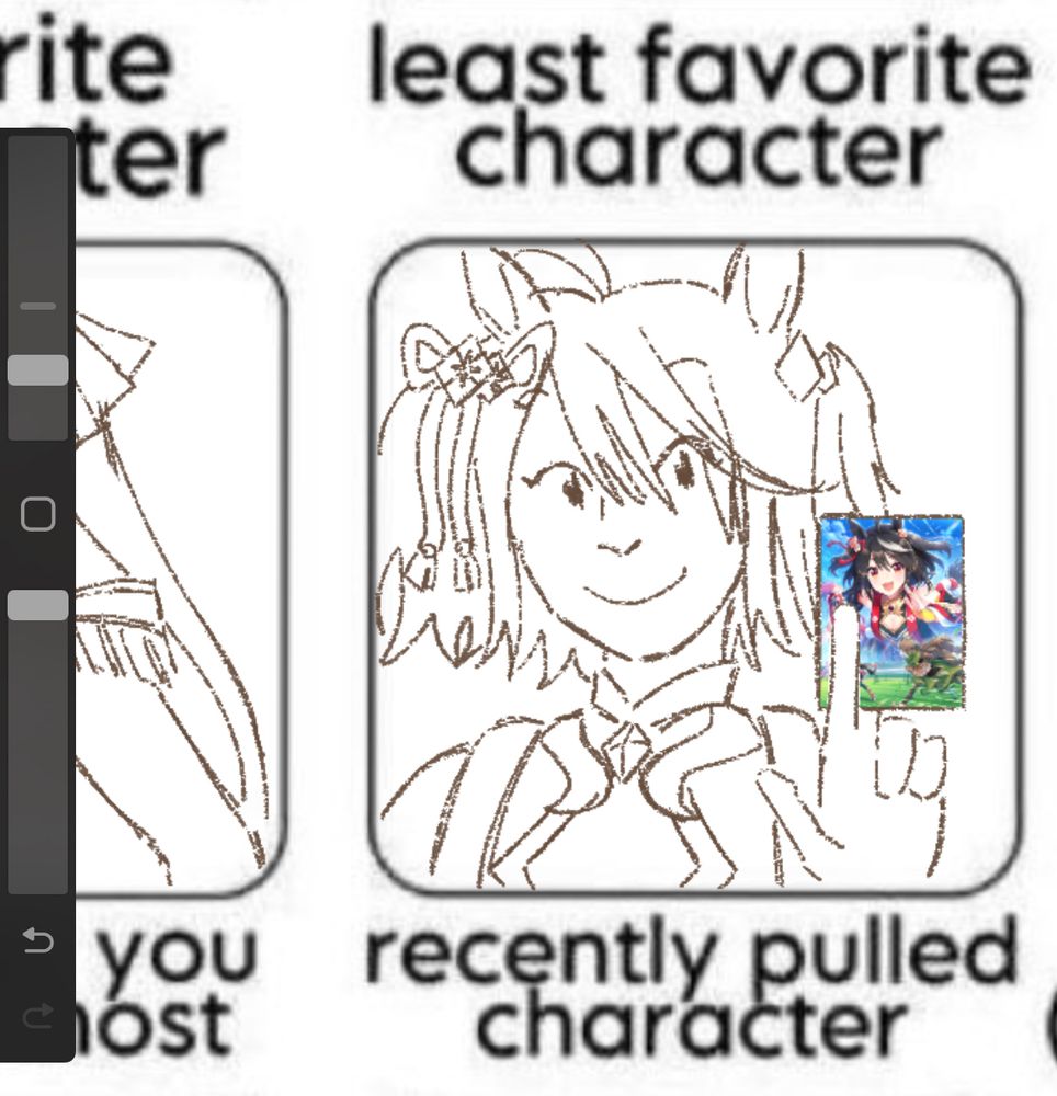 Screenshot of zoomed in Uma Musume drawing meme focused on the square saying “recently pulled character”. That character is line art only Kitsan holding a copy of SSR Kitasan Black Speed Card, which is deemed as a must have by the community. Said card is shot of Kitasan beating Satono Diamond in a race with her bust shot in the sky