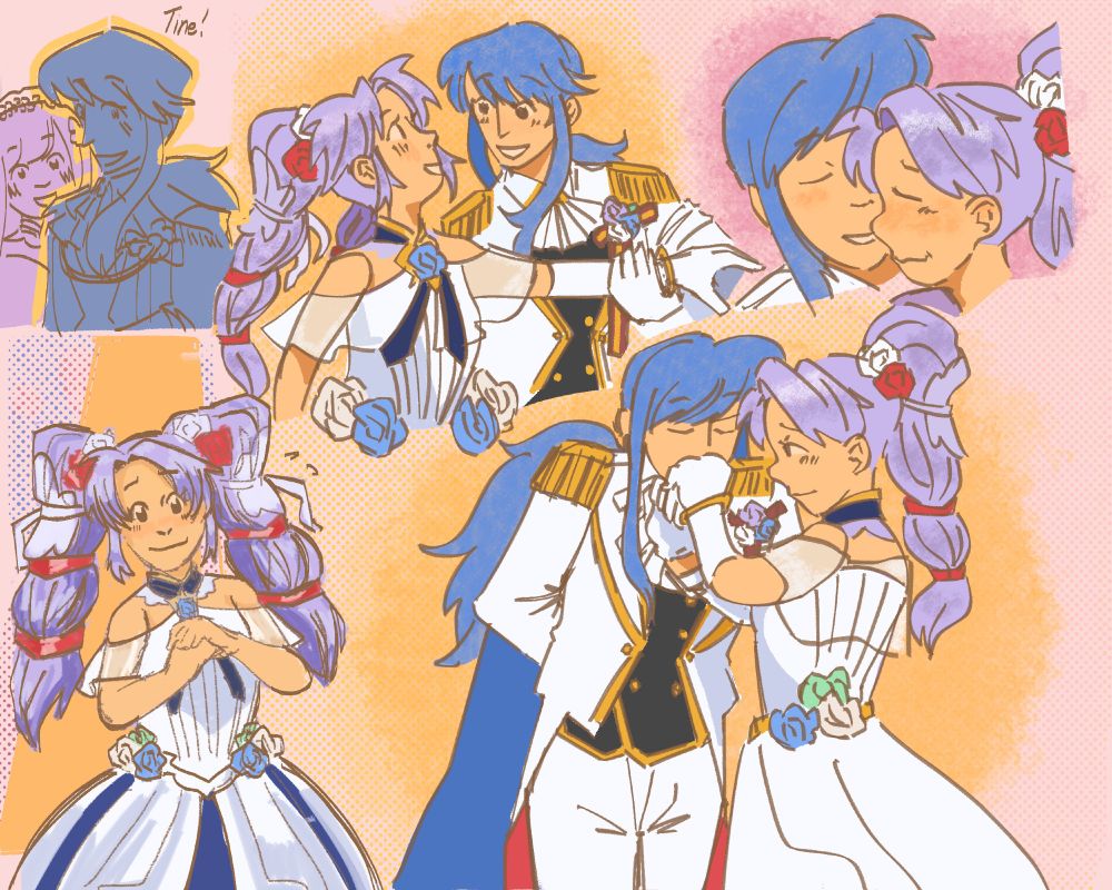 Collection of multiple drawings. Top left Seliph standing with Julia notices Tine. Top middle they are dancing. Lower right Seliph kisses Tine’s hand and she gets nervous. Top right Seliph leans in to kiss her cheek, Tine flushes while smiling