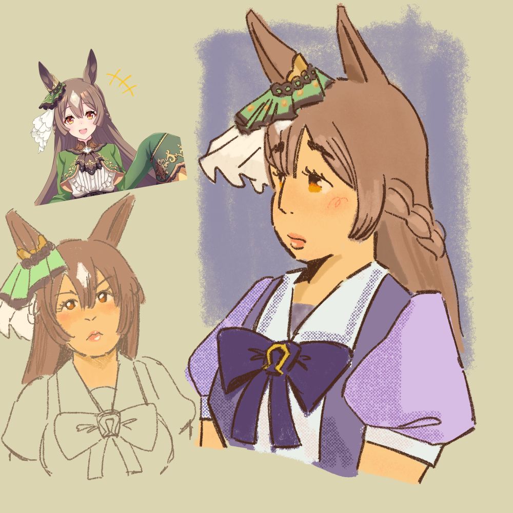 Satono Diamond, lower left bust shot angrily looking up at the camera, right side has larger bust shot with neutral expression. Her official art is in the corner to fill up empty space