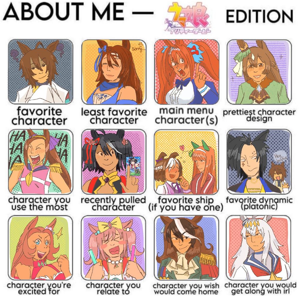 Twelve portraits of Umamusume horse girls. Going from top to bottom and left to right, Agnes Tachyon with a mischievous smile, Super Creek with a calming smile, Daiwa Scarlet pissed off with her signature “number one” hand gesture, Satono Diamond simply smiling at the camera, Sakura Bakushin O laughing triumphantly, Kitasan Black showing off her SSR card, a focus on both Special Week and Silence Suzuka, both blushing and Spe looking particularly nervous, Air Shakur looking pissed off as Agnes Tachyon waving and saying “Hey Bestie”. Kawakami Princess looking excited with a wide smile, Agnes Digital with two light sticks and goofy face with anime typical >< eyes and obvious blush marks, Symboli Rudolph looking elegant with a smile dimple, and Oguri Cap looking to the left with a serious look