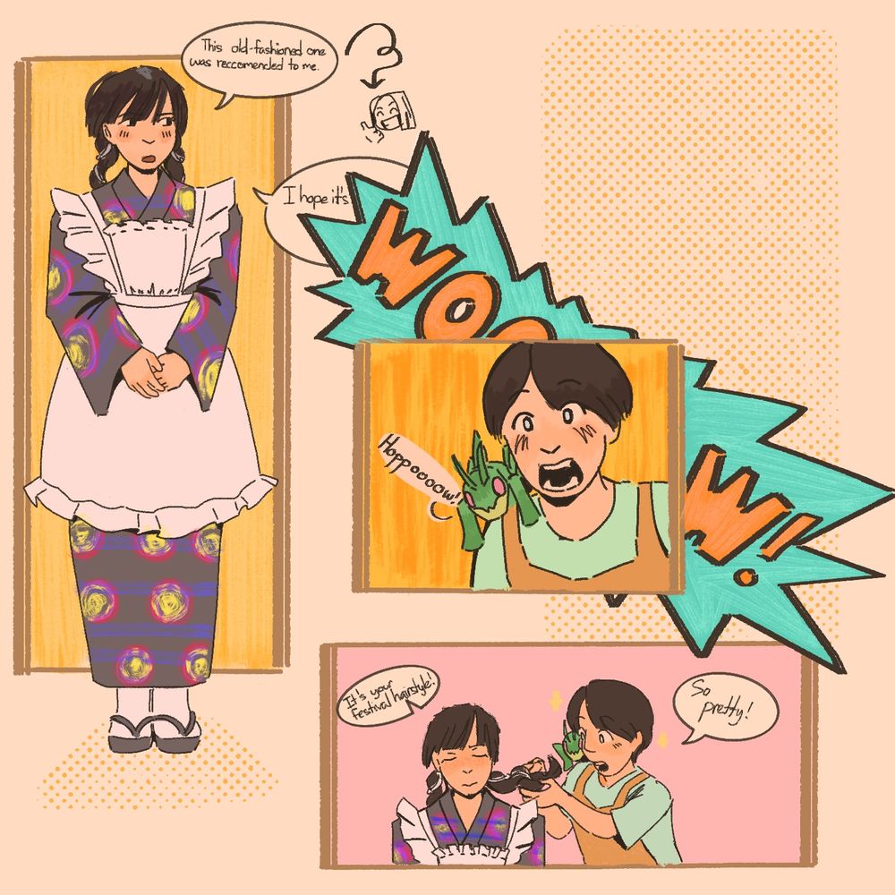 Far left: full body shot of Rinne in jokyuu outfit, the kimono underneath her apron is a dark gray with red, purple, and yellow circles with dark blue stripes made to reflect her Twilight Majade form. “This old-fashioned one was recommended to me” (by Renge) Her next speech bubble “I hope it’s” is cut off by Hotaro (lower center) shouting WOOOOOOOOOW!. Hopper one on his shoulder mimics him, “Hoppooooow!” Lower panel shows bust shot of both, Hotaro gently holds Rinne’s braided hair saying, “It’s your festival style! So pretty!” 