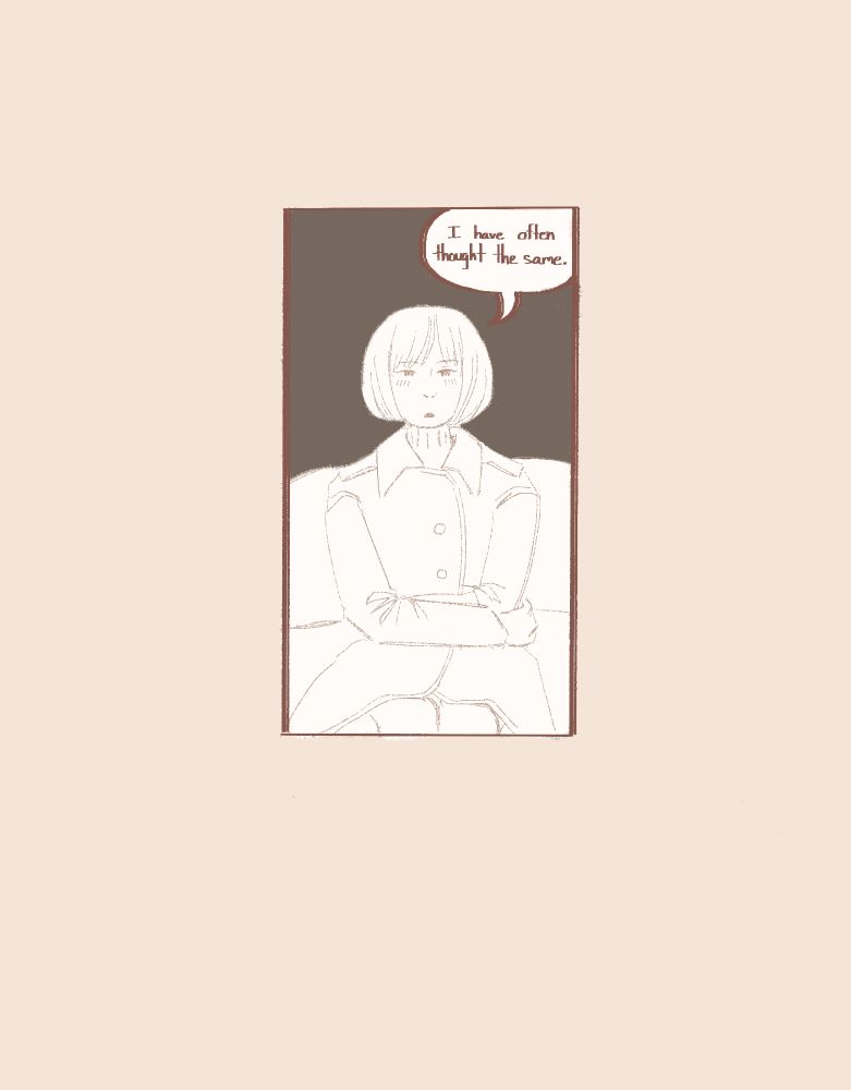 Singular panel of Ruriko, arms crossed, Hongo out of view, all white on a dark brown background, “I have often thought the same.” 