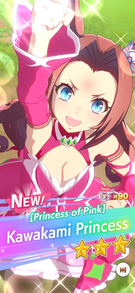 Close up half body shot of Kawakami Princess, a horse girl with muted pink/brown hair with air vents and a bright pink dress with white frills. She stands triumphant with a bump on her forehead from knocking out a monster with her headbutt attack

Below, text reads [Princess of Pink] Kawakami Princess with a rainbow background 