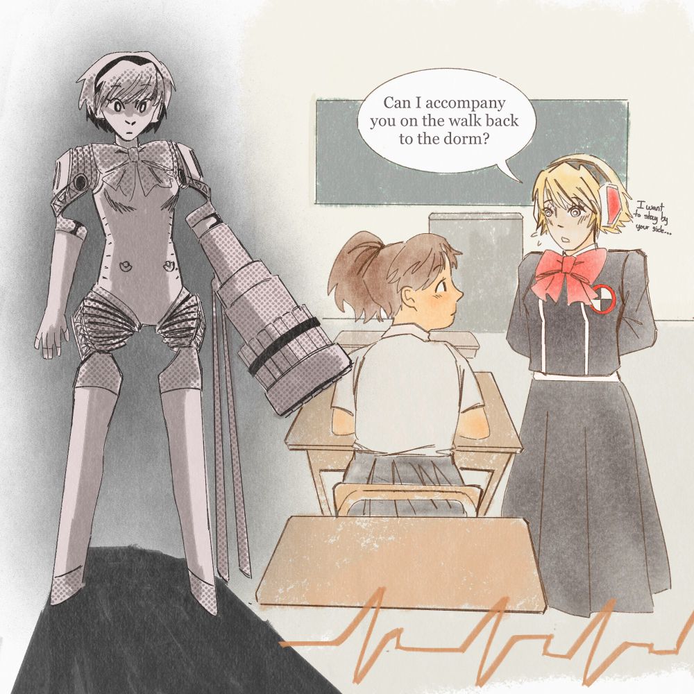 Left: full body shot of Aigis with a machine gun arm, covered in halftone shadows, right is a scene with Kotone and Aigis in a colorful classroom, Aigis asks to walk home with her