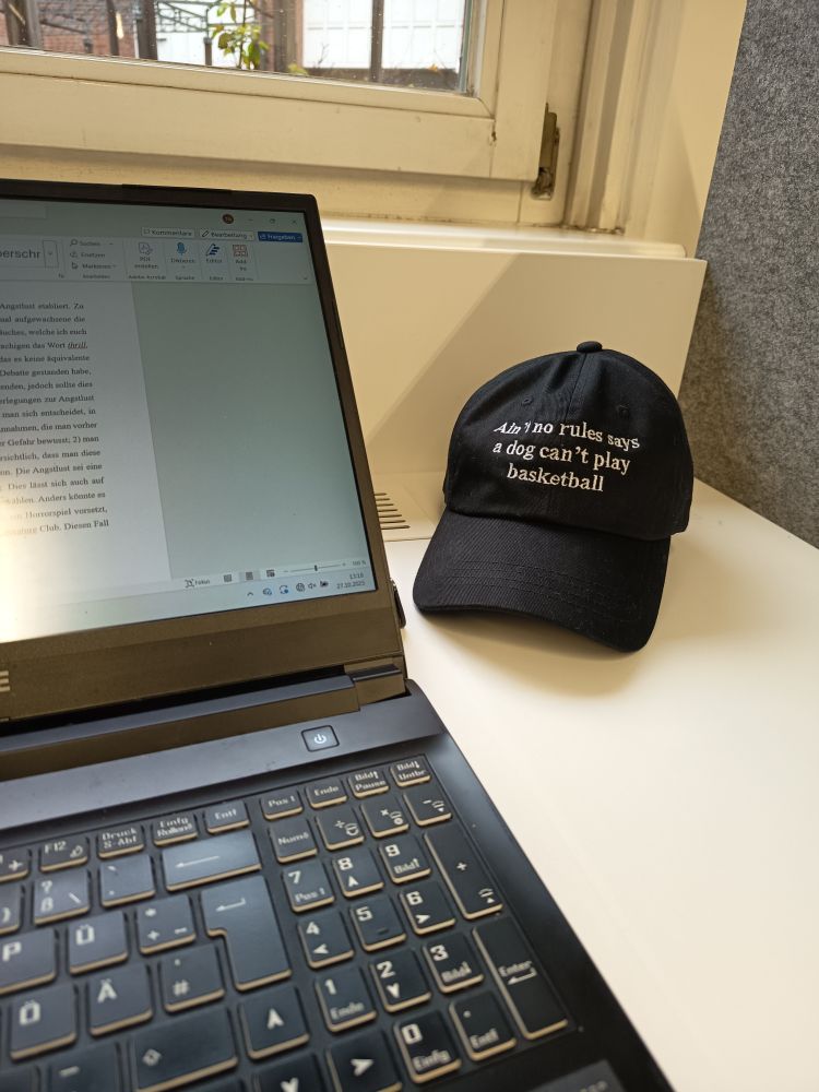 Ein Foto von einem Schreibtisch mit einem Laptop und im Hintergrund liegt eine schwarze Kappe auf der steht "aint No Rules says a Dog cant Play Basketball" , ein Zitat aus Airbud