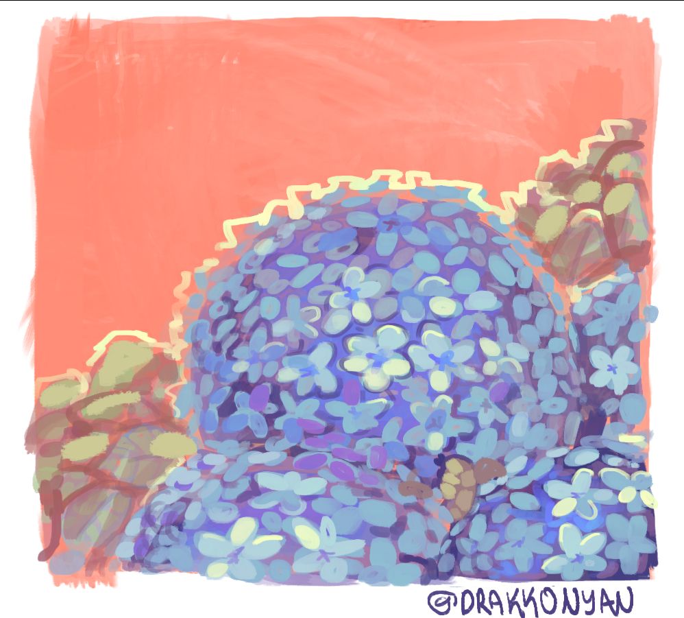 painting of a blue hydrangea against a red background