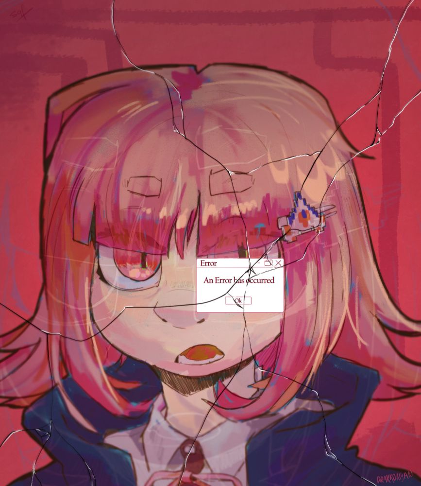 drawing of chiaki nanami staring at the viewer and opening her mouth. There is an computer system pop up that reads "Error. An error has occurred" over her eye, and spiderweb glass cracks cover the whole screen