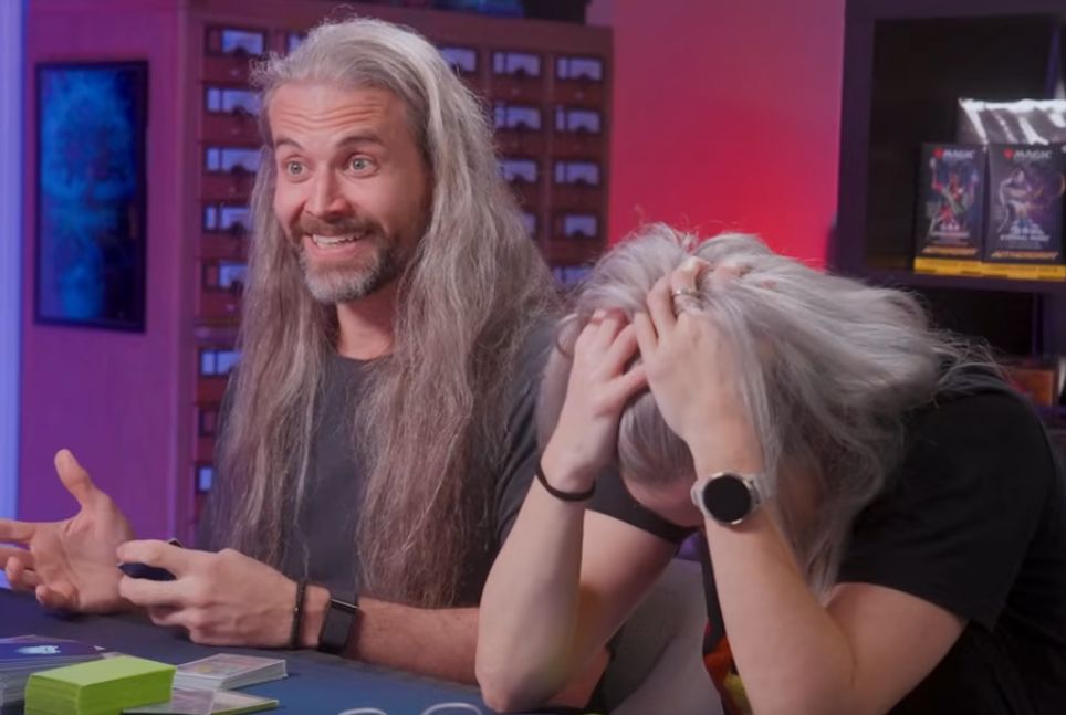 Brian giving an incredulous look while Olivia is visibly dismayed while holding her head