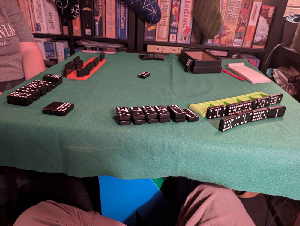 Texas Demons being played by two people, using thick black & white dominoes, in front of a wall of board games. 