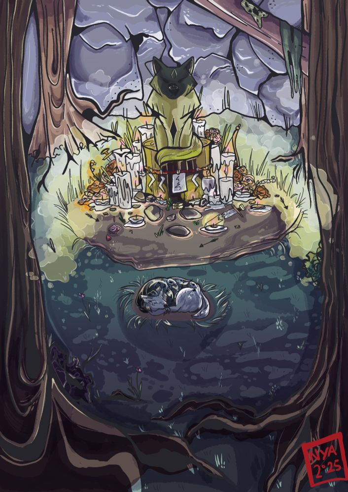 a hollwo of taiga style pine and trees, with a silent stone statue, candles, coins, and the like. and a large white warg curled up infront of it. 